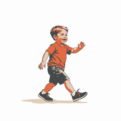 Obraz premium Smiling Child Joyfully Walking in Casual Attire with Orange Shirt and Blue Shoes on a White Background