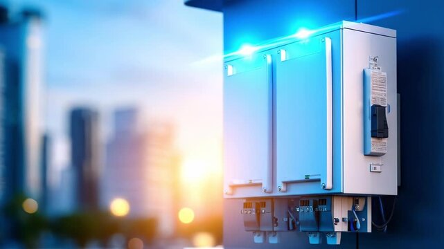 Urban Electric Meter on Wall with Cityscape Background