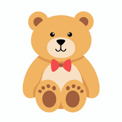 Adorable Teddy Bear Illustration with Red Bow Tie Sitting Symmetrically Illustrated Against a Clean White Background