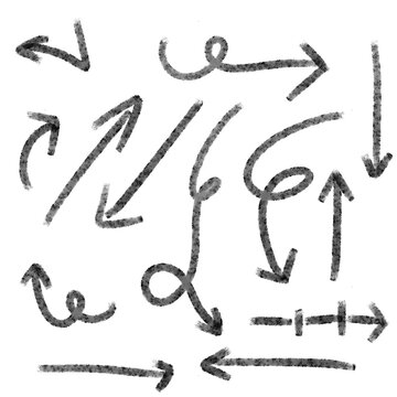 Pack diversificado de flechas com efeitos borrados, retas finas e grossas, curvas suaves em grafite digital, ideal para infogr&aacute;ficos e an&uacute;ncios. Detalhes texturizados