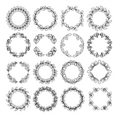 Set of hand drawn floral wreaths with leaves and flowers on white background