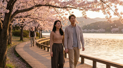 Couple Walking by Lake Under Cherry Blossom Trees