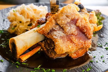 German Pork Knuckle with Sauerkraut Close Up