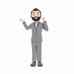 Obraz premium Illustration of a Cheerful Bearded Man in a Grey Suit with a Friendly Expression and Animated Gesture on a White Background