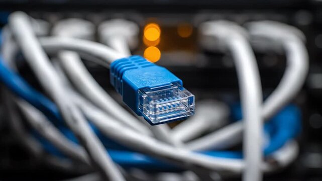 Close up of a blue ethernet cable connector plugged into a server rack with blurred orange lights in the background.