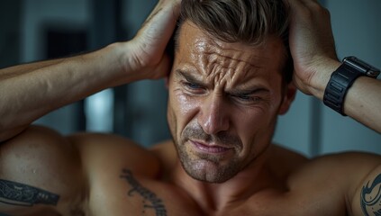 Obraz premium Man experiences headache, migraine, and dizziness from home workouts; fitness trainer promotes health and body aesthetics
