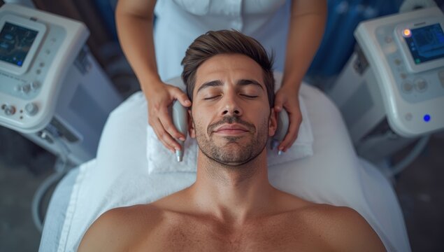 Man undergoing electroporation therapy at a beauty salon. Advanced techniques in male aesthetics