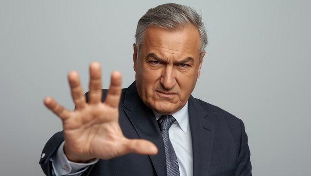 Middle-aged Arab businessman against a plain backdrop making a timeout gesture, looking frustrated and serious
