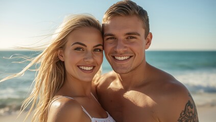 Fototapeta premium Outdoor lifestyle photo of a young blonde couple at the beach on a sunny day