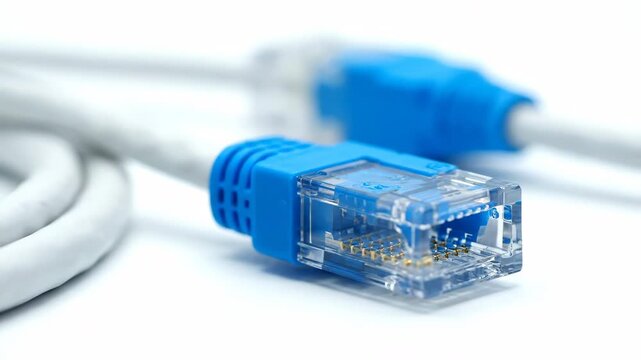 Close up of a blue ethernet connector and cable on a white background, symbolizing technology and connectivity.