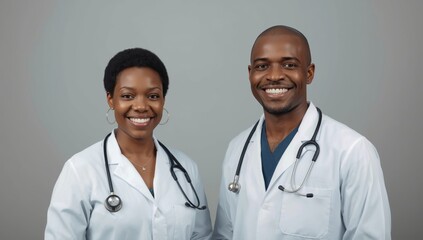 Fototapeta premium Smiling African American doctors in a studio setting, representing healthcare professionalism