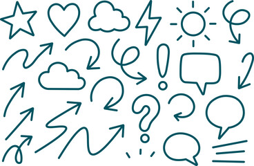 Hand drawn doodle icon set with arrows, speech bubbles, symbols and shapes in teal line style