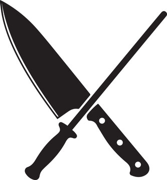 Crossed Chef Knife and Sharpening Rod Silhouettes for Culinary Logo.eps