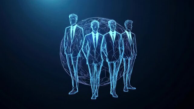 Four business figures represent teamwork and unity in a digital world created with lines and shapes