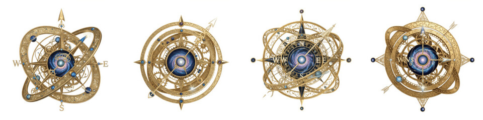 Set and collection of intricate golden astrolabes and vintage armillary spheres with celestial maps isolated on white transparent PNG background © fixa