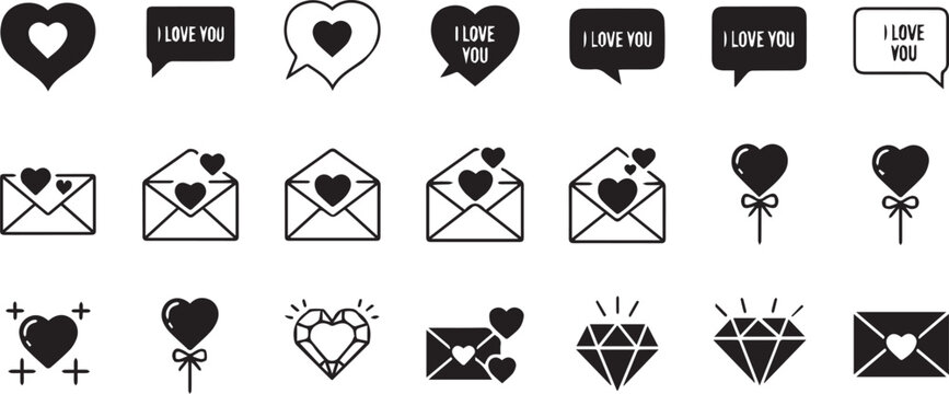 Romantic communication icons including love letters envelopes speech bubbles diamonds and heart shaped balloons
