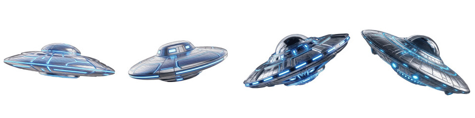 Set and collection of 3D renderings of futuristic metallic UFOs and flying saucers with glowing blue lights in various positions isolated on white transparent PNG background © fixa