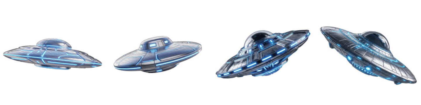 Set and collection of 3D renderings of futuristic metallic UFOs and flying saucers with glowing blue lights in various positions isolated on white transparent PNG background