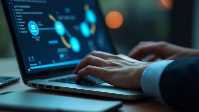 Business and Project Roadmap Concept. Typing on a laptop with roadmap overlay representing steps in a project or strategic planning process. Waypoint icons and ends with goal achievement..