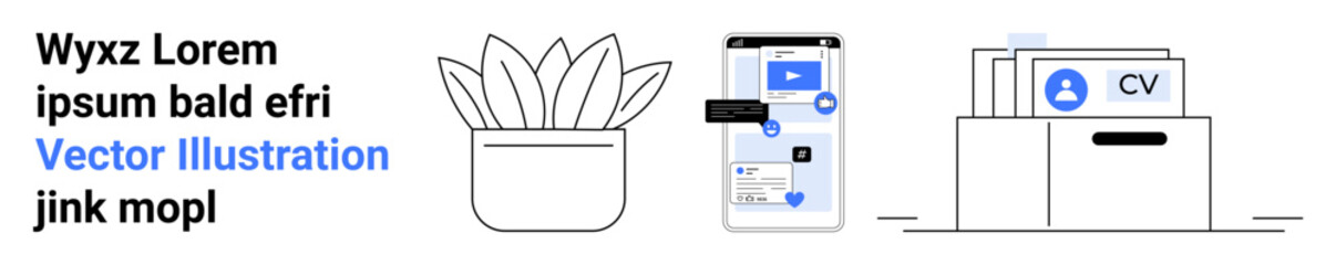 Fototapeta premium Digital workspace, organization, modern planning, technology use, job applications, structural efficiency. Features smartphone interface, potted plant and document storage container. Modern planning