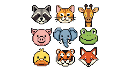 Obraz premium Pixel Art Animal Face Icons Set – 8-Bit Retro Game Assets Collection with Tiger, Elephant, Fox, and Cat