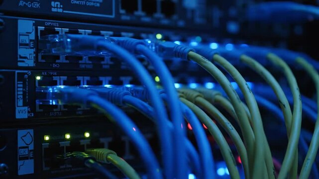 Close up view of blue and yellow network cables connected to a server rack with blinking lights.