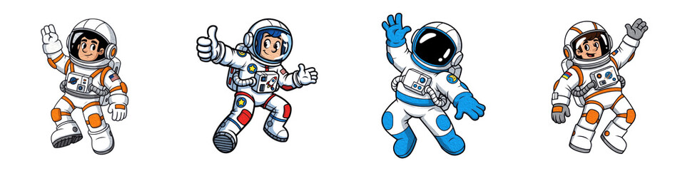Set of 4 Cute Cartoon Astronaut Characters Waving and Giving Thumbs Up, Friendly Space Explorer Mascot Vector Style for Kids, Education, Sci-Fi Art, Isolated on White Transparent PNG Background © fixa
