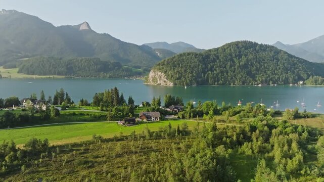 Aerial view landscape Wolfgangsee Austria. Beautiful lake in the Alpine mountains.