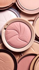 Assorted compact powders with embossed patterns in concentric arrangement, primarily in shades of pink, peach, and nude. The compacts are stacked, highlighting texture and color