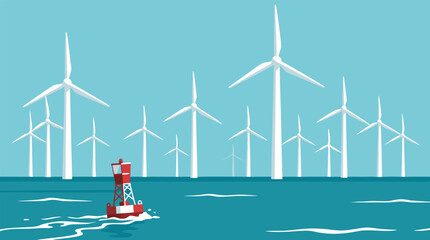 Offshore wind farm with buoys in the ocean. © Zetaa