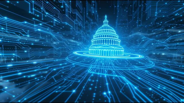 Digital representation of the US Capitol building with glowing blue circuit board patterns and data streams, symbolizing technology and government.