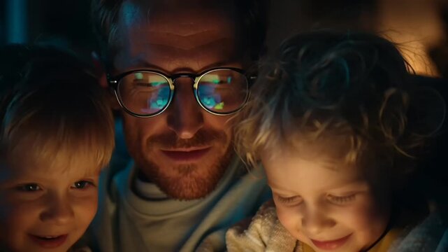 A heartwarming video of a father and his two sons watching a tablet together in a cozy living room at night