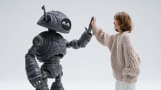 A heartwarming video of a young girl and a robot giving each other a high-five in a plain background