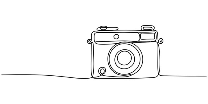 Continuous line art drawing of a vintage camera for photography and creative designs