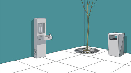 Fototapeta premium Public drinking fountain and trash can in an outdoor setting.