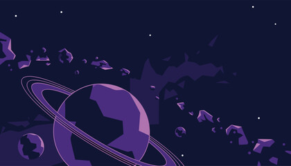 Purple planet with rings and asteroids in a dark starry space. © Zetaa