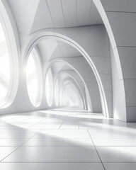 Futuristic white architectural corridor with repeating arches and clean design