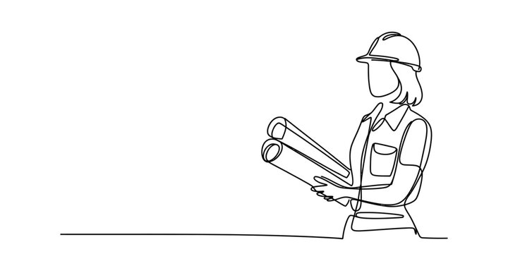 Continuous line drawing of a female engineer holding blueprints and wearing a hard hat