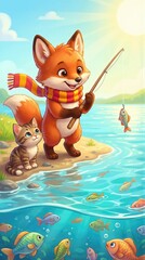 Obraz premium Fox and kitten fishing by the lake. Cute animal adventure storybook scene. Happy spring or summer outdoor activity for child.