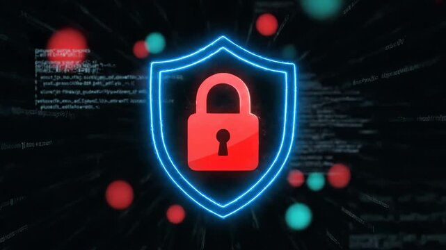 Digital cyber security shield with red lock symbol over binary code background.
