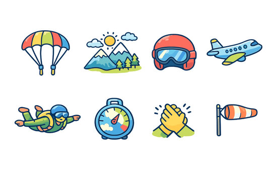 Collection of cartoon icons representing skydiving and aviation adventures