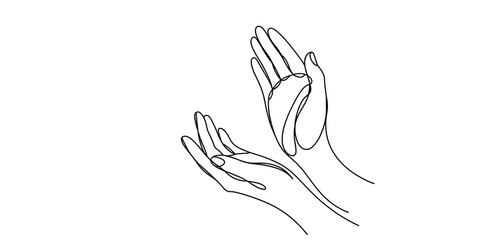 Obraz premium Continuous line drawing of two hands in a praying or applauding gesture