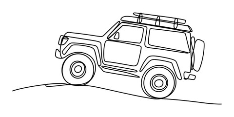 Continuous line drawing of an adventurous off-road vehicle climbing a slope © Nikhil Ray