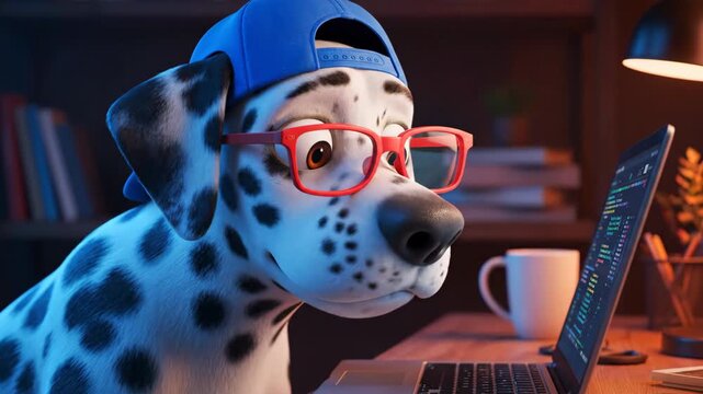 Dalmatian dog in blue cap and red glasses works on laptop computer at desk at night
