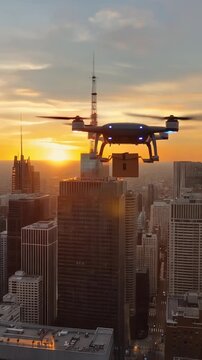 Aerial Delivery Drone Navigates Skyscrapers in a Stunning Urban Sunset, Showcasing Modern Technology and Innovation Amidst Cityscape