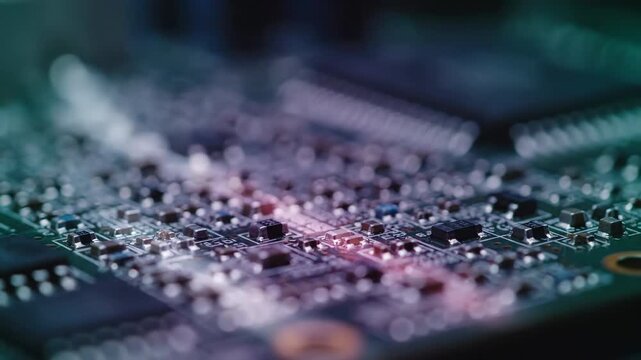 Close-up of a circuit board with intricate electronic components and a shallow depth of field.