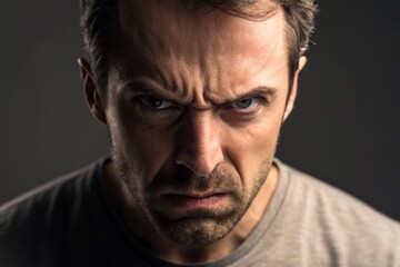 Fototapeta premium Dramatic display of anger in a close-up portrait of a caucasian man with tense eyebrows illuminated by striking lighting
