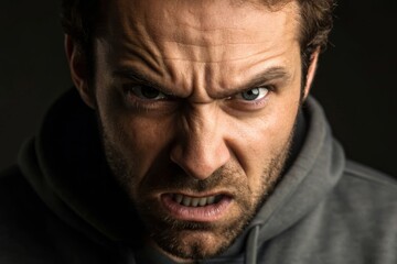 Obraz premium Intense emotion portrayal of a caucasian man displaying anger with tense eyebrows in dramatic lighting captured in close-up for emotional impact