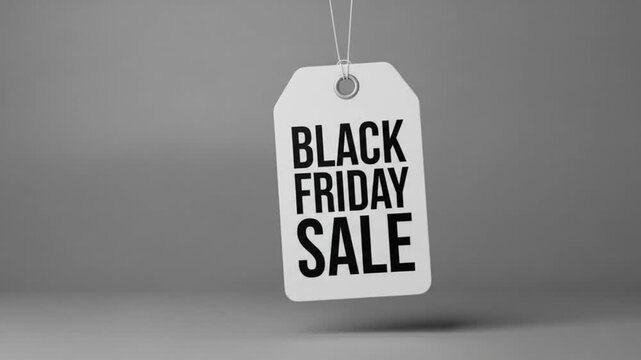 Black Friday sale sign hanging on a string against gray background