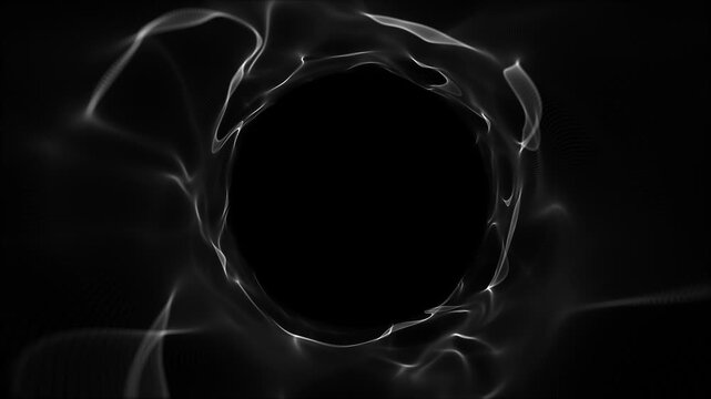 Monochrome energy vortex formed by flowing luminous smoke waves creating circular void with deep perspective. Abstract black cyber tunnel loop. Black hole portal Vortex Soft volumetric light lines. 